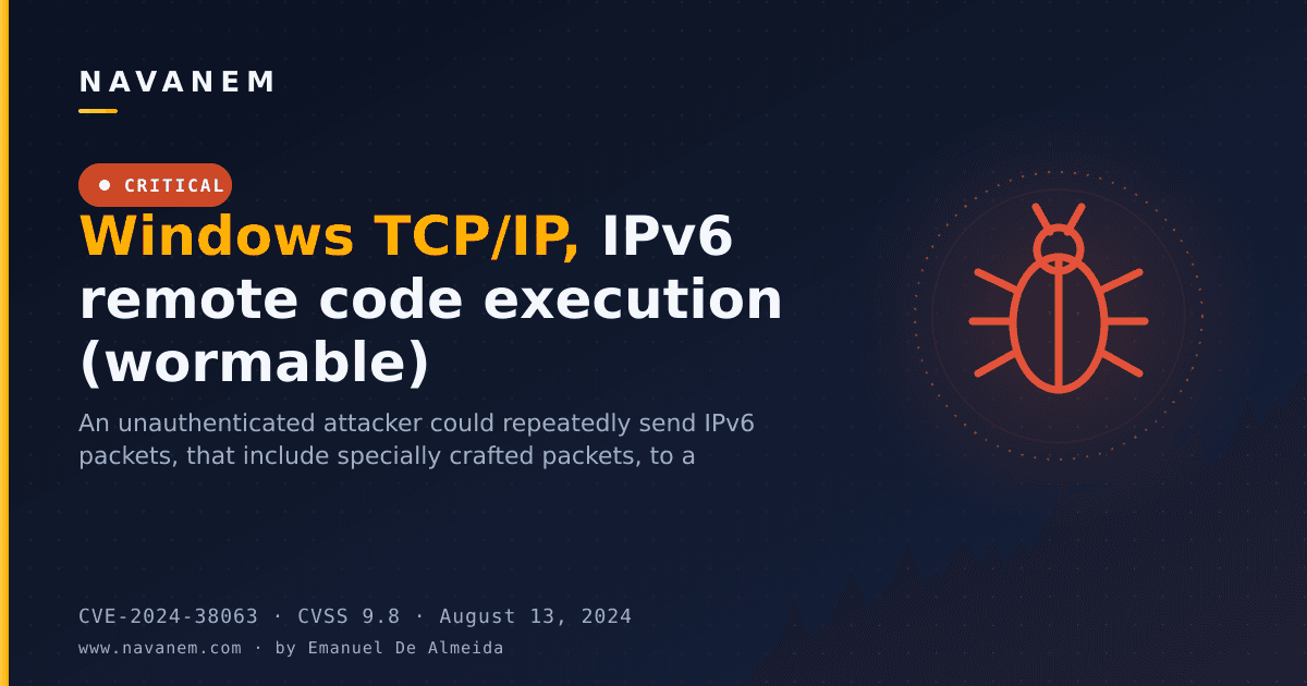 CVE-2024-38063: Windows TCP/IP, IPv6 remote code execution (wormable) — navanem CVE advisory cover
