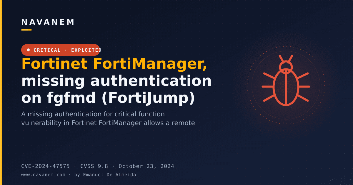 CVE-2024-47575: Fortinet FortiManager, missing authentication on fgfmd (FortiJump) — navanem CVE advisory cover