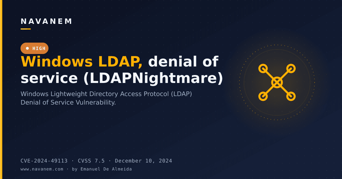 CVE-2024-49113: Windows LDAP, denial of service (LDAPNightmare) — navanem CVE advisory cover