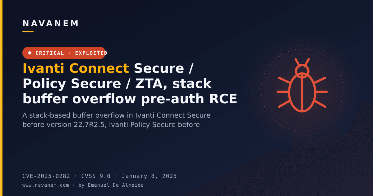 CVE-2025-0282: Ivanti Connect Secure / Policy Secure / ZTA, stack buffer overflow pre-auth RCE — navanem CVE advisory cover