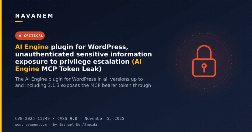 AI Engine plugin for WordPress, unauthenticated sensitive information exposure to privilege escalation (AI Engine MCP Token Leak)