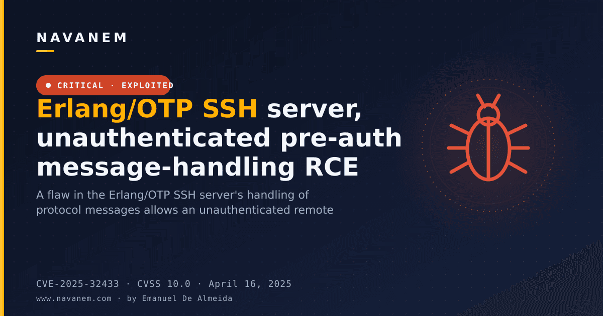 Erlang/OTP SSH server, unauthenticated pre-auth message-handling RCE