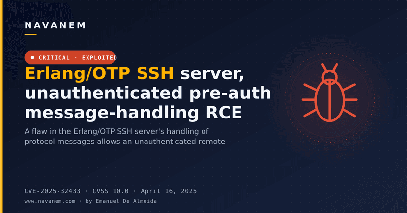 Erlang/OTP SSH server, unauthenticated pre-auth message-handling RCE