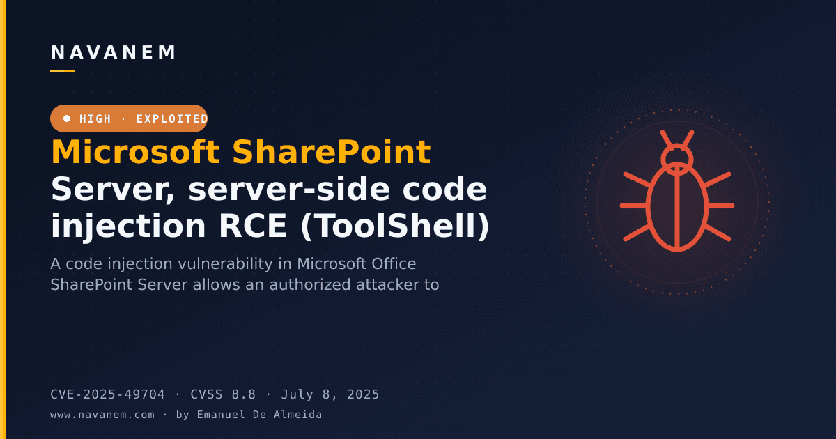 Microsoft SharePoint Server, server-side code injection RCE (ToolShell)