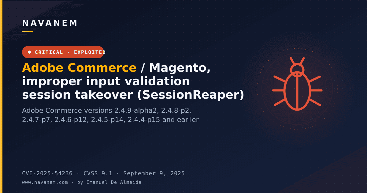 Adobe Commerce / Magento, improper input validation session takeover (SessionReaper)