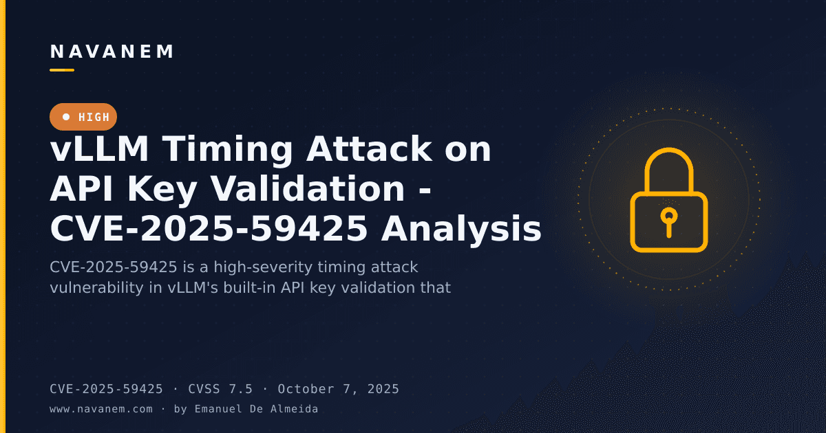 CVE-2025-59425: vLLM Timing Attack on API Key Validation - CVE-2025-59425 Analysis — navanem CVE advisory cover