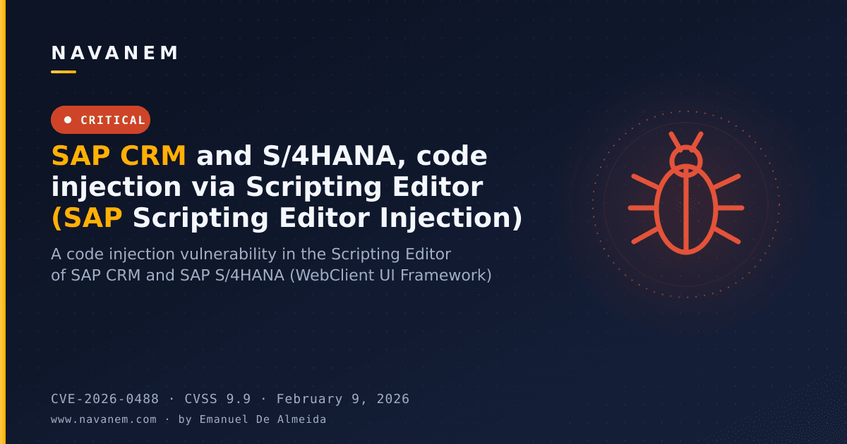 CVE-2026-0488: SAP CRM and S/4HANA, code injection via Scripting Editor (SAP Scripting Editor Injection) — navanem CVE advisory cover