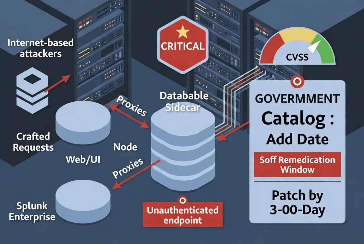 Illustration of CVE-2026-20253 in Splunk Enterprise showing attackers abusing an unauthenticated PostgreSQL sidecar endpoint behind the web tier to gain remote code execution on vulnerable 10.x servers, with a CVSS 9.8 severity bar and a CISA KEV entry added on June 18, 2026 that gives federal agencies three days to patch