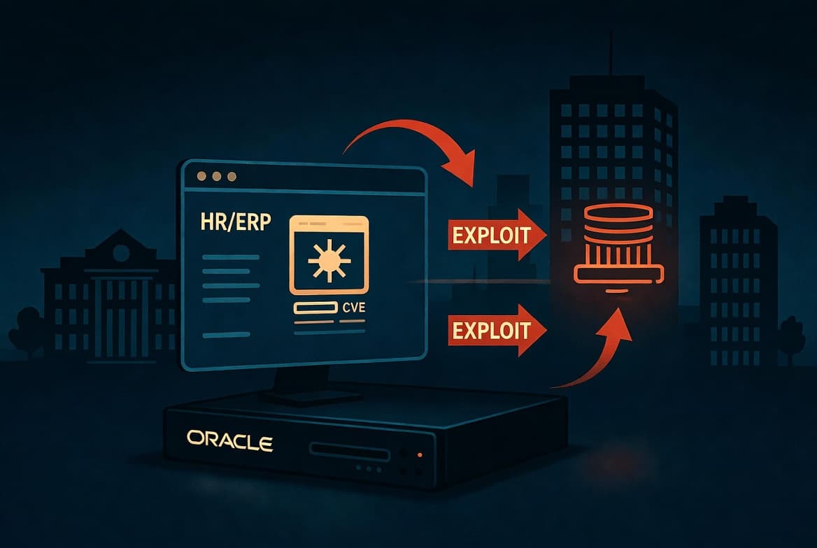 Enterprise app security themed image showing Oracle PeopleSoft servers compromised via CVE-2026-35273