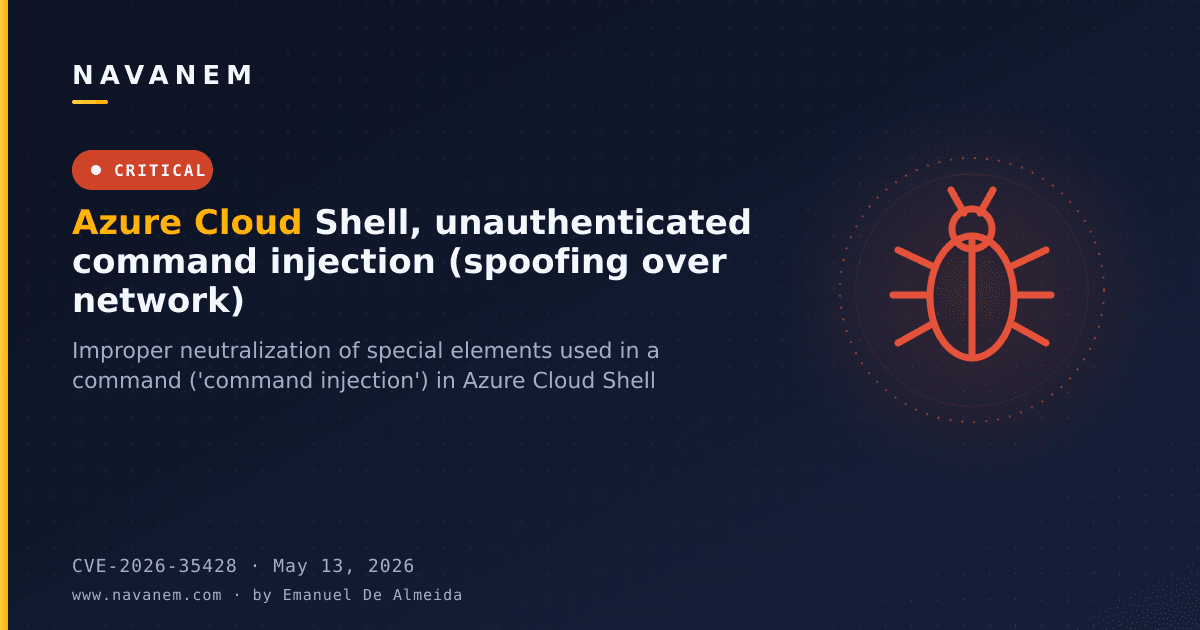 CVE-2026-35428: Azure Cloud Shell, unauthenticated command injection (spoofing over network) — navanem CVE advisory cover