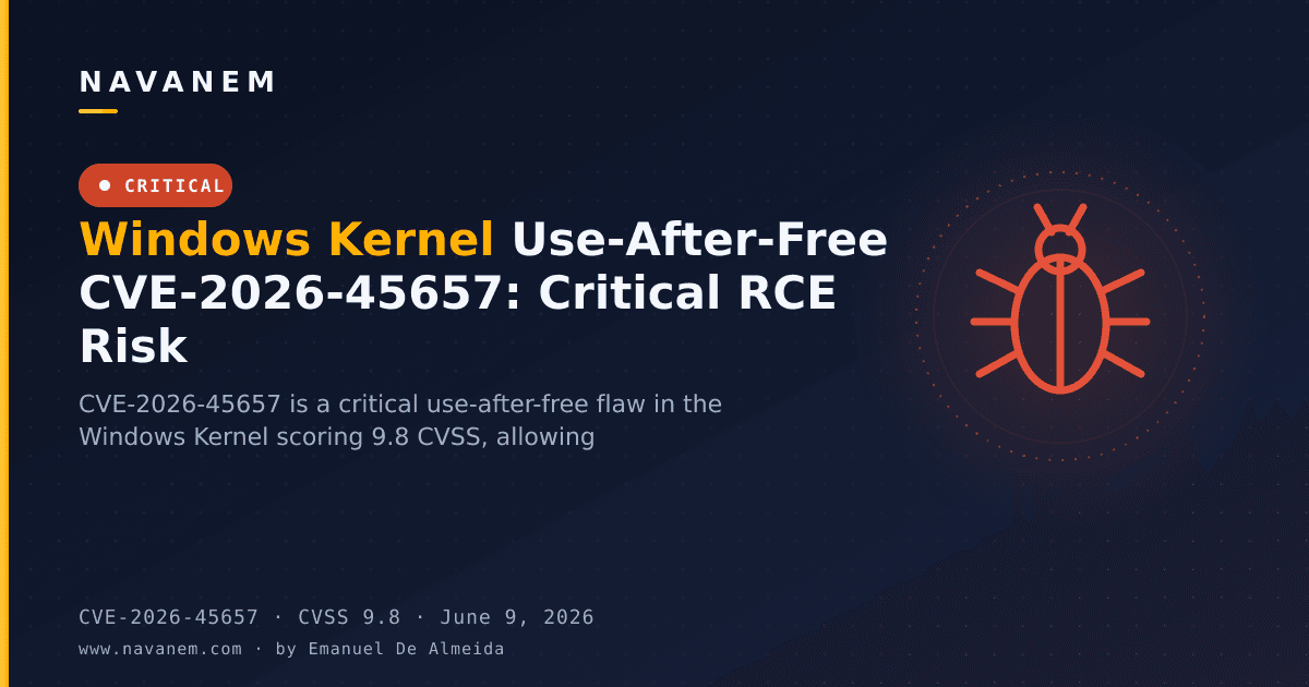 CVE-2026-45657: Windows Kernel Use-After-Free CVE-2026-45657: Critical RCE Risk — navanem CVE advisory cover