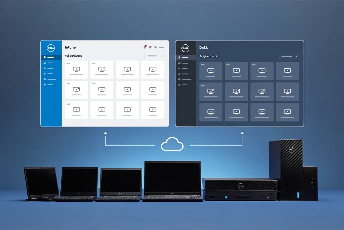 Intune admin themed image showing a cloud integration between Microsoft Intune and Dell Management Portal for managing a Dell device fleet
