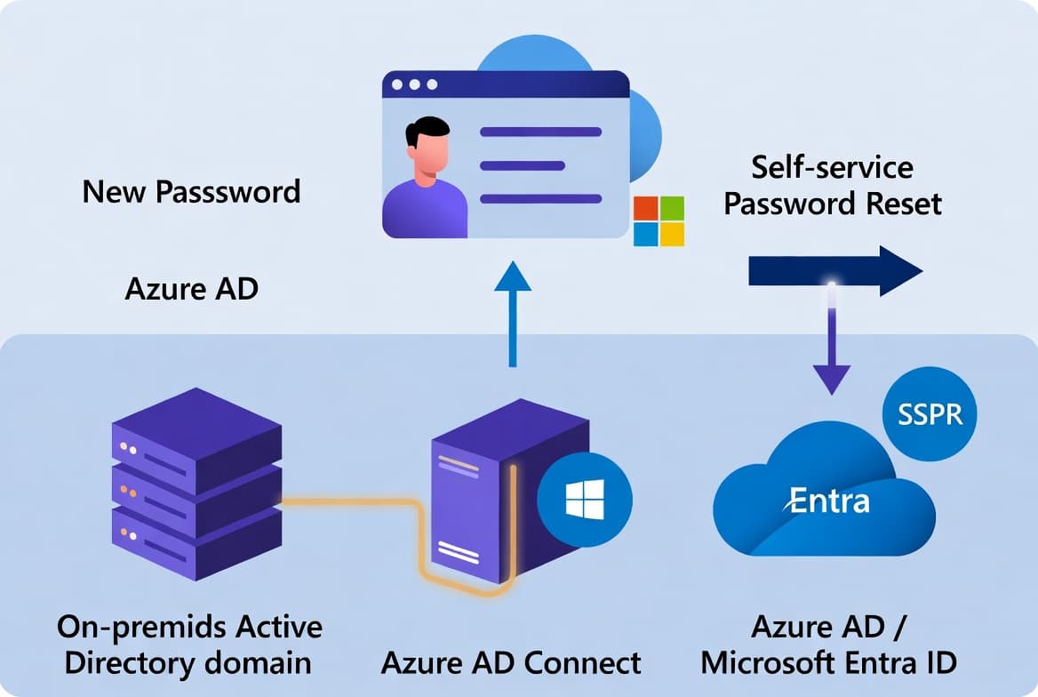 Diagram of a hybrid identity setup where an admin enables password writeback in Azure AD Connect and Microsoft Entra self-service password reset so when an on-premises AD user resets their password in the cloud portal, that new password is written back to the local Active Directory
