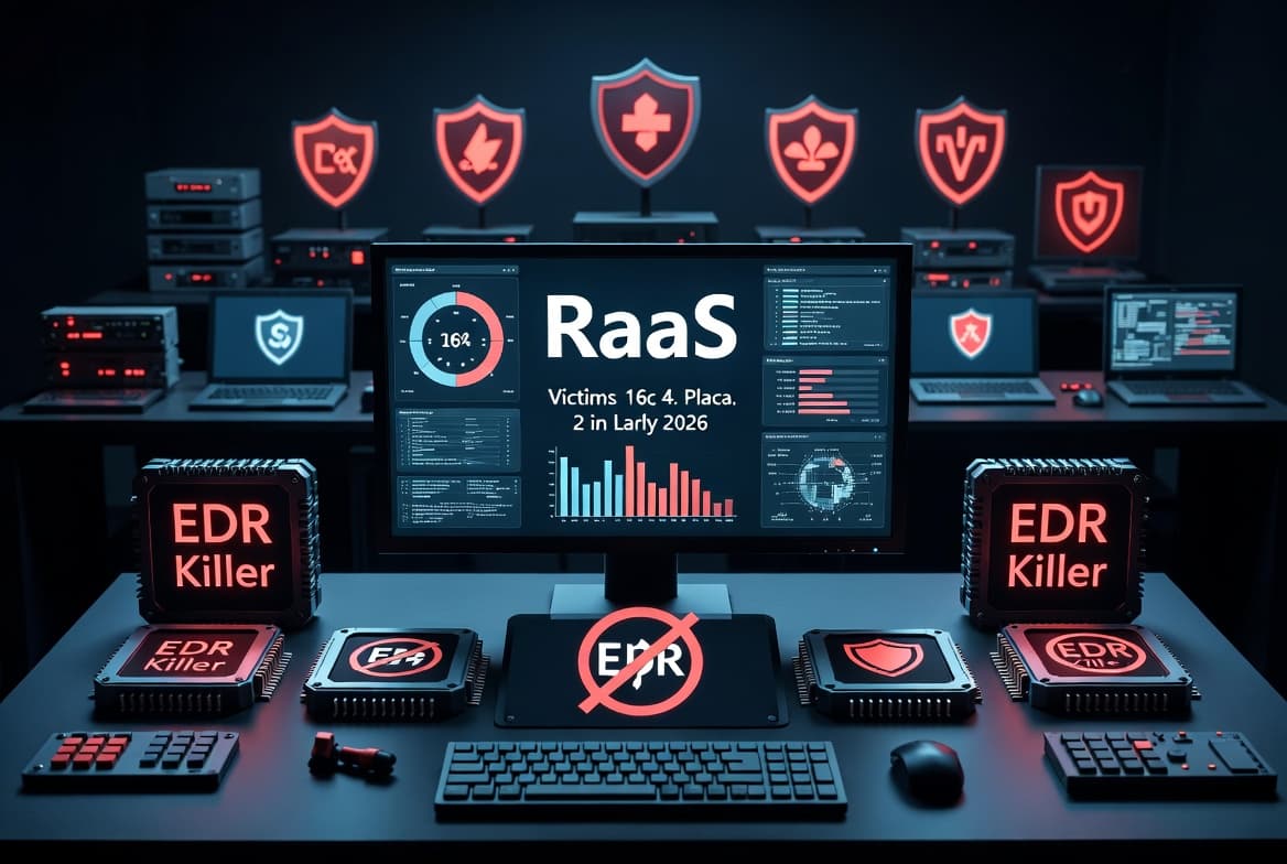 Illustration of an ESET threat report on Gentlemen RaaS highlighting that the ransomware-as-a-service operation maintains eight in-house EDR killer variants and uses three additional third-party tools to disable endpoint protection, with a victim chart placing it second among ransomware groups in early 2026