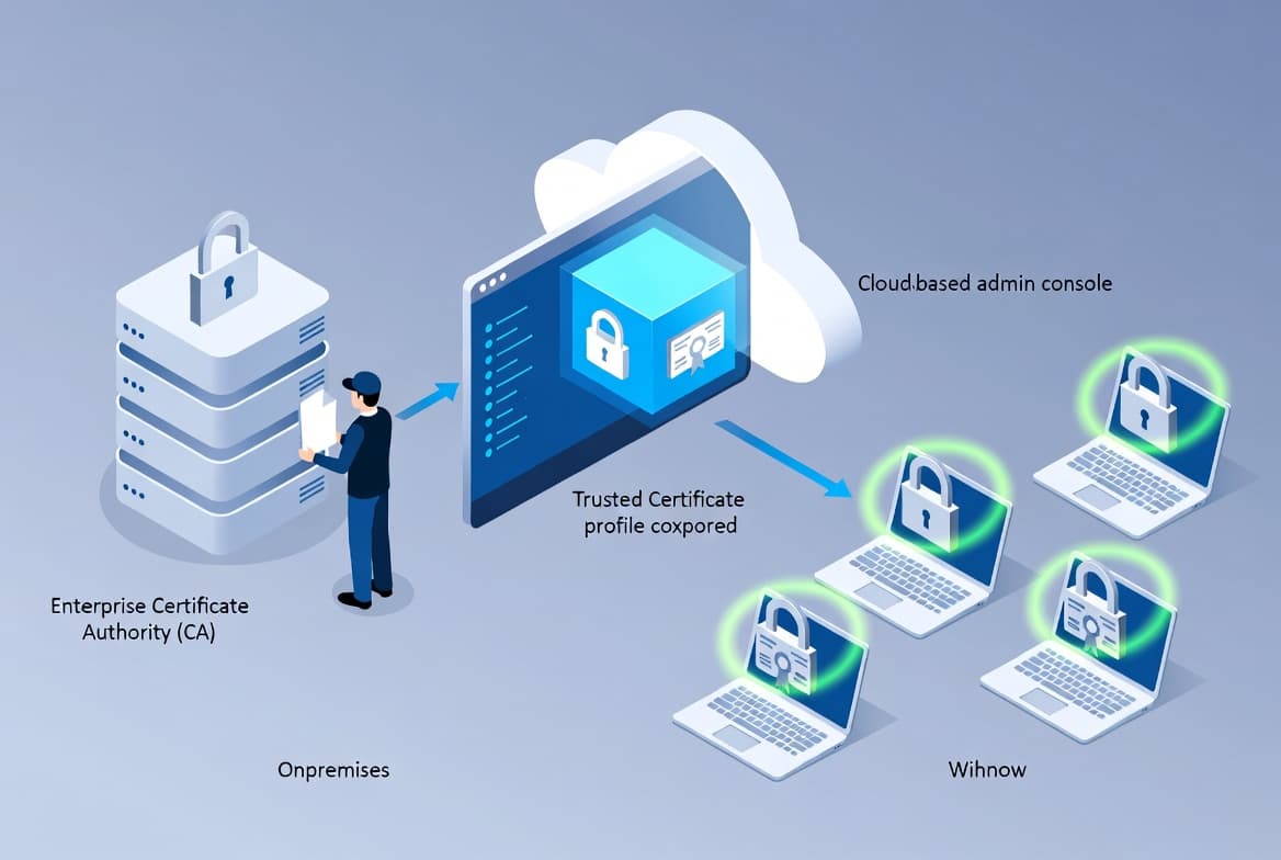 Diagram of a sysadmin exporting an Enterprise CA root certificate as a .cer file, creating a Trusted certificate profile in the Intune admin center with that .cer and targeting Windows devices so the CA is installed in their Trusted Root Certification Authorities store