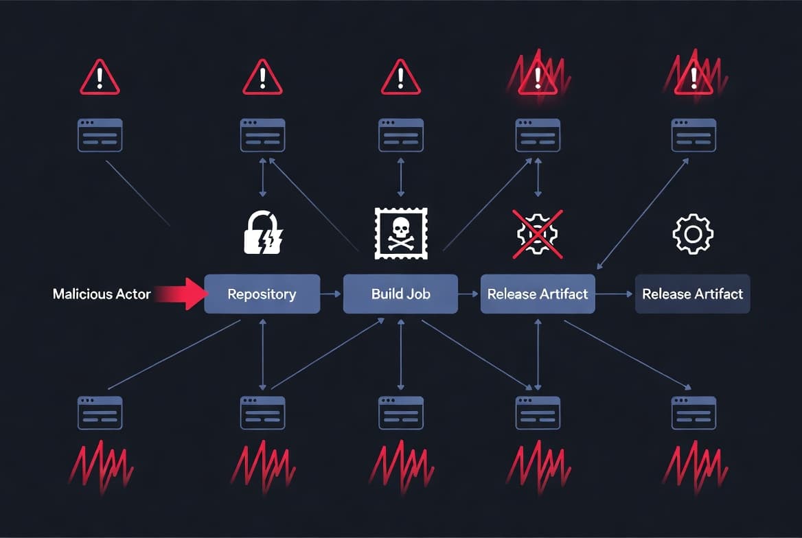 Illustration of a GitHub Actions supply chain attack stealing credentials and poisoning open source software