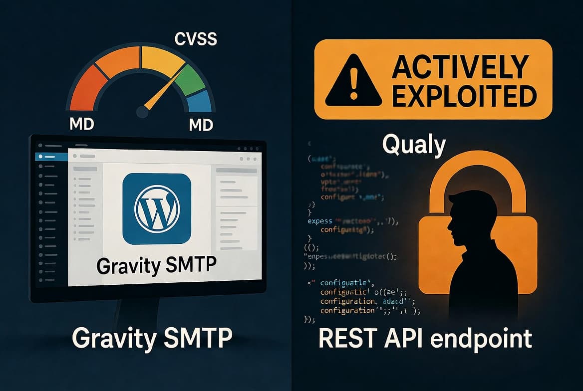 Illustration of attackers actively exploiting a medium-severity vulnerability in the Gravity SMTP WordPress plugin where an unauthenticated REST API endpoint exposes API keys, mail service credentials and full system configuration data to anyone who knows the URL