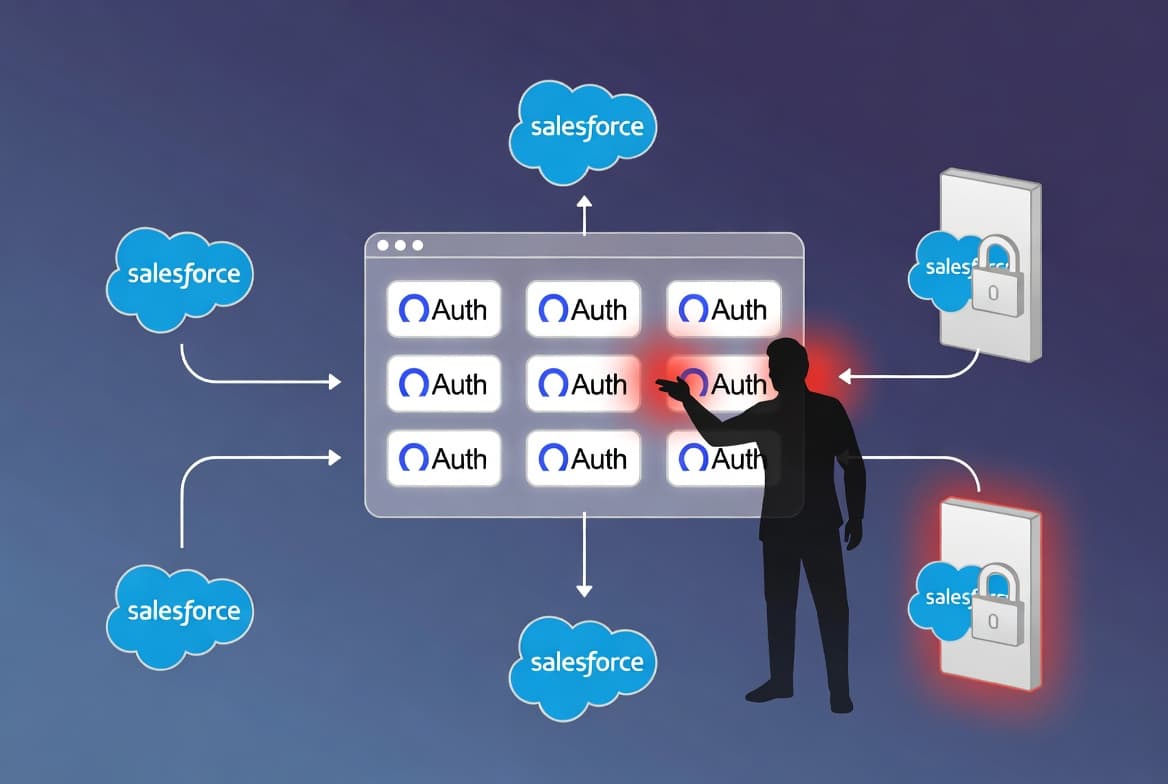Cloud security themed image showing a central SaaS platform leaking OAuth tokens to an attacker, who then opens doors into connected Salesforce orgs as part of an extortion campaign
