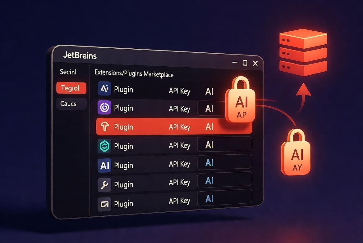 Developer security themed image showing a plugin supply-chain attack in a JetBrains-like IDE targeting AI API keys