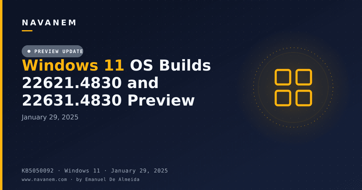 KB5050092: Windows 11 OS Builds 22621.4830 and 22631.4830 Preview (January 29, 2025) — navanem Microsoft KB cover