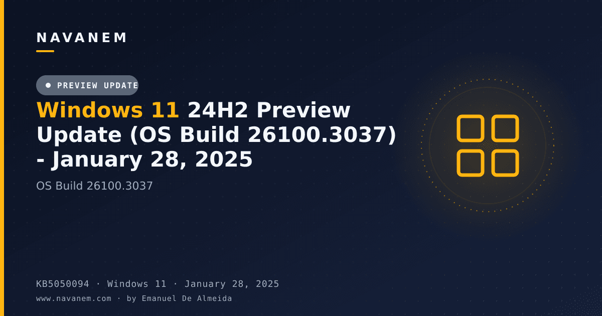 KB5050094: Windows 11 24H2 Preview Update (OS Build 26100.3037) - January 28, 2025 — navanem Microsoft KB cover
