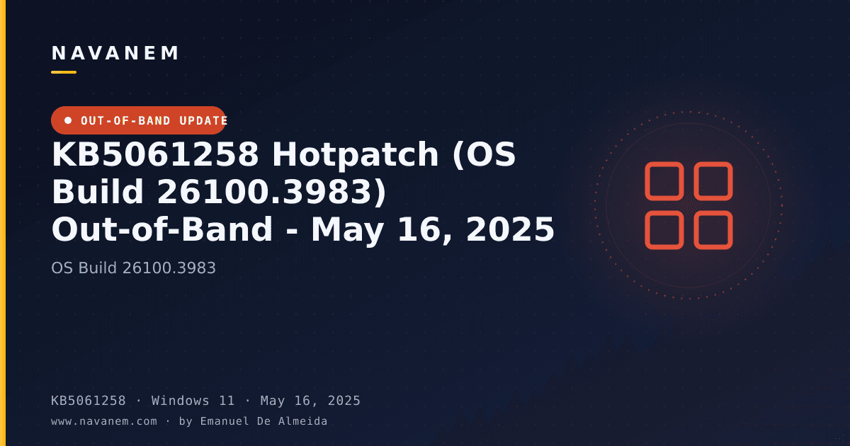 KB5061258: KB5061258 Hotpatch (OS Build 26100.3983) Out-of-Band - May 16, 2025 — navanem Microsoft KB cover