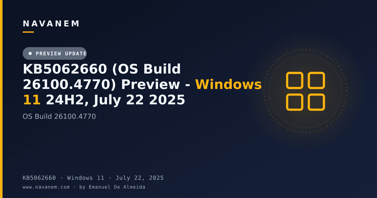 KB5062660: KB5062660 (OS Build 26100.4770) Preview - Windows 11 24H2, July 22 2025 — navanem Microsoft KB cover