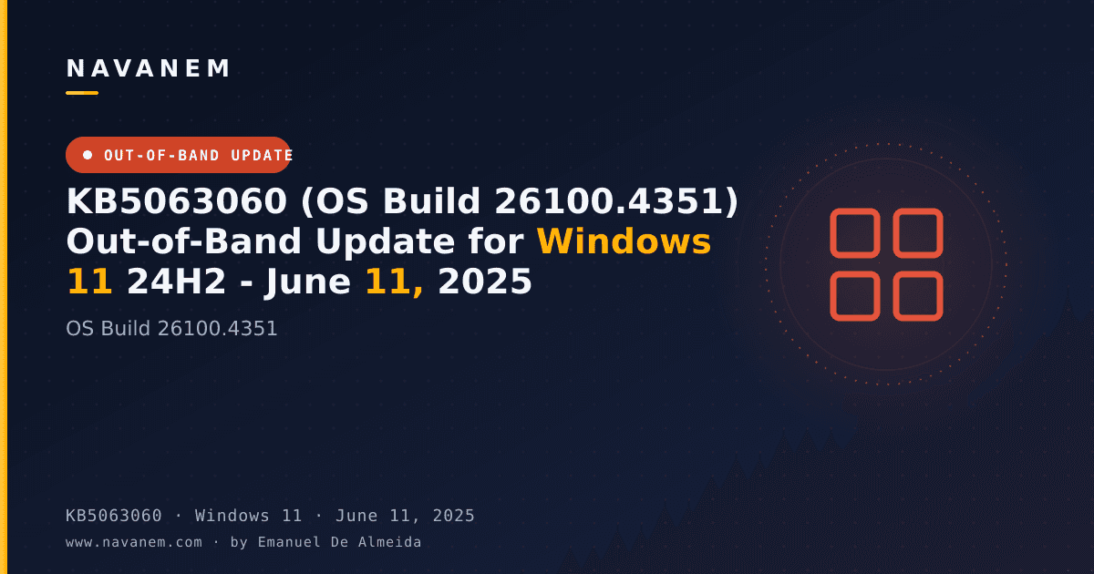 KB5063060: KB5063060 (OS Build 26100.4351) Out-of-Band Update for Windows 11 24H2 - June 11, 2025 — navanem Microsoft KB cover