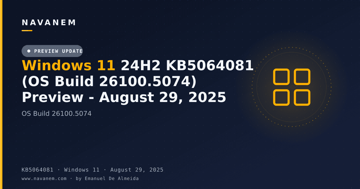 KB5064081: Windows 11 24H2 KB5064081 (OS Build 26100.5074) Preview - August 29, 2025 — navanem Microsoft KB cover