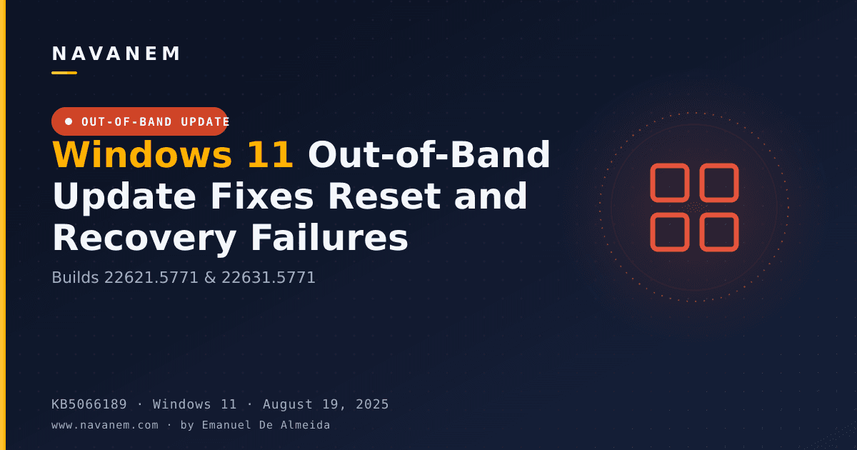 KB5066189: Windows 11 Out-of-Band Update Fixes Reset and Recovery Failures (Builds 22621.5771 & 22631.5771) — navanem Microsoft KB cover