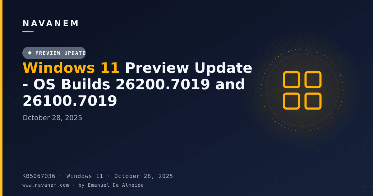 KB5067036: Windows 11 Preview Update - OS Builds 26200.7019 and 26100.7019 (October 28, 2025) — navanem Microsoft KB cover