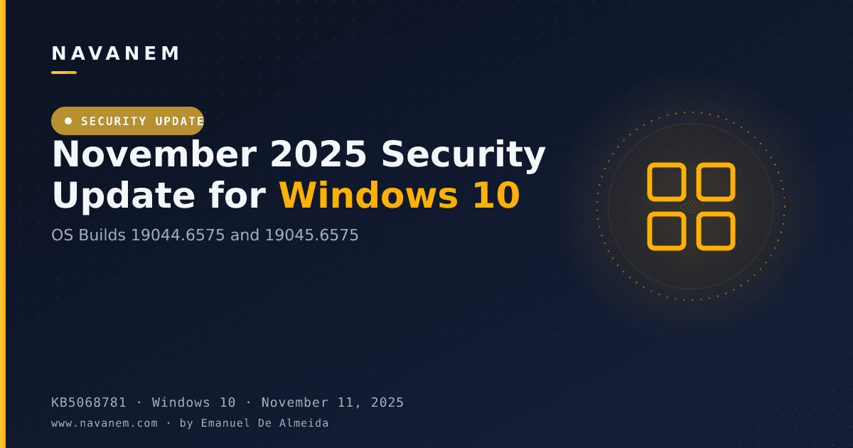 KB5068781: November 2025 Security Update for Windows 10 (OS Builds 19044.6575 and 19045.6575) — navanem Microsoft KB cover