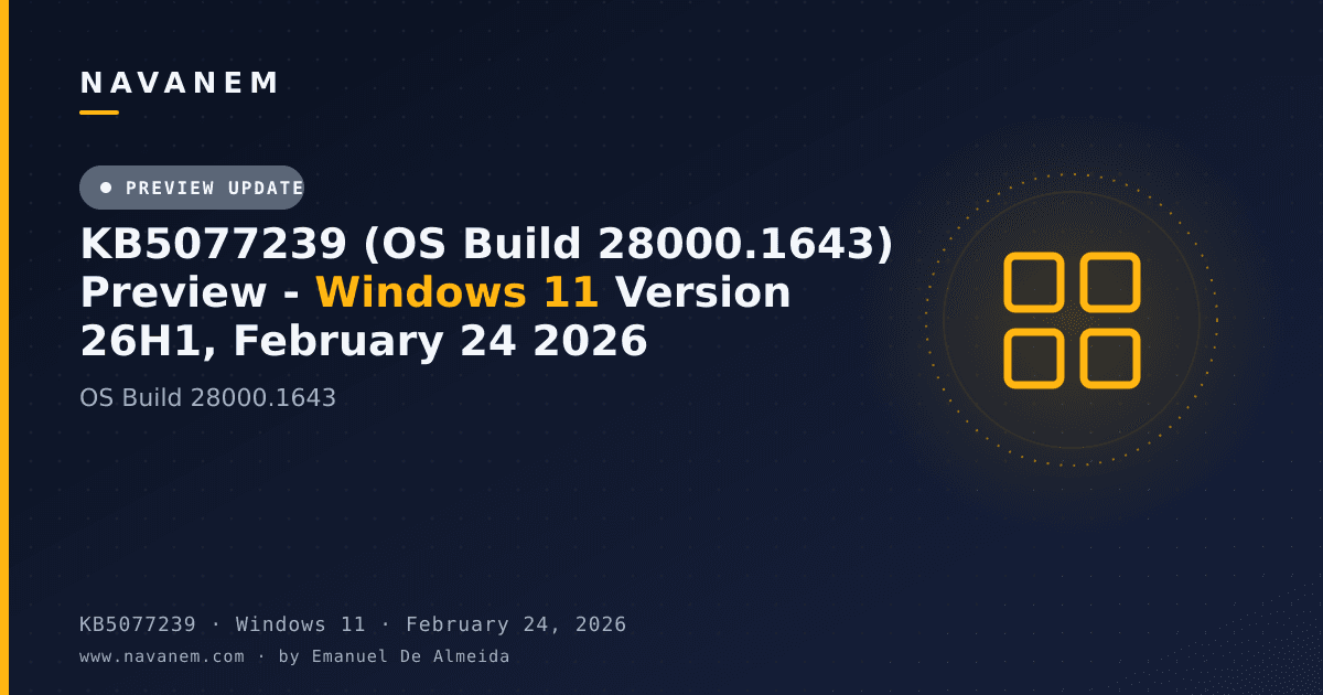 KB5077239: KB5077239 (OS Build 28000.1643) Preview - Windows 11 Version 26H1, February 24 2026 — navanem Microsoft KB cover