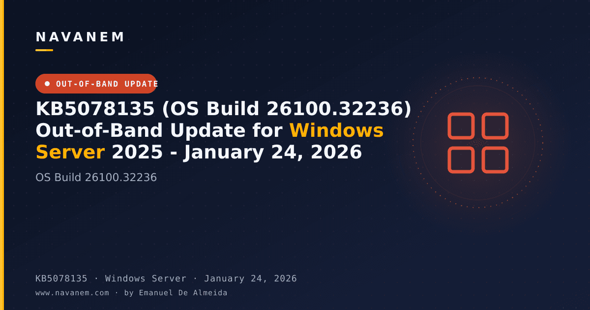 KB5078135: KB5078135 (OS Build 26100.32236) Out-of-Band Update for Windows Server 2025 - January 24, 2026 — navanem Microsoft KB cover