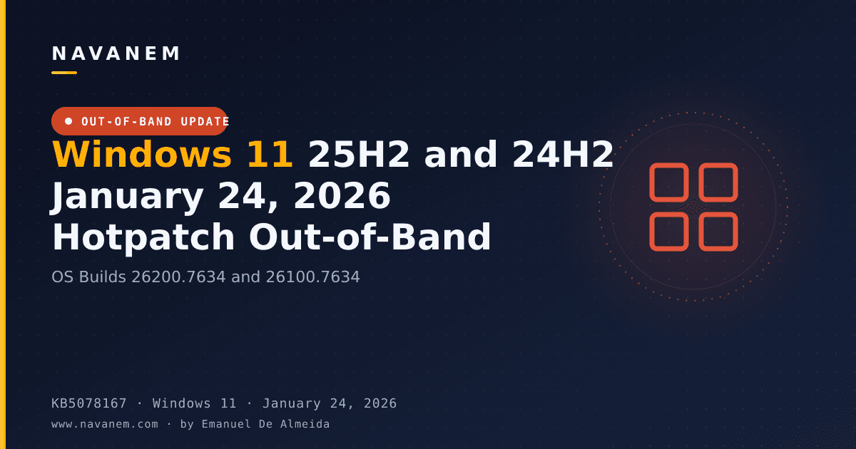 KB5078167: Windows 11 25H2 and 24H2 January 24, 2026 Hotpatch Out-of-Band (OS Builds 26200.7634 and 26100.7634) — navanem Microsoft KB cover