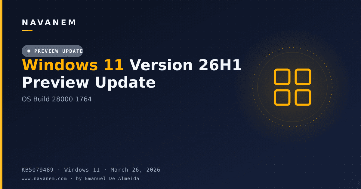 KB5079489: Windows 11 Version 26H1 Preview Update (OS Build 28000.1764) — navanem Microsoft KB cover