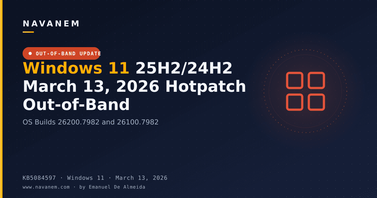 KB5084597: Windows 11 25H2/24H2 March 13, 2026 Hotpatch Out-of-Band (OS Builds 26200.7982 and 26100.7982) — navanem Microsoft KB cover