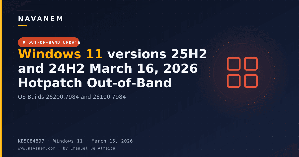 KB5084897: Windows 11 versions 25H2 and 24H2 March 16, 2026 Hotpatch Out-of-Band (OS Builds 26200.7984 and 26100.7984) — navanem Microsoft KB cover