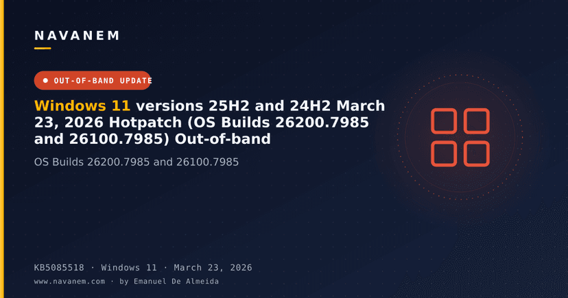 KB5085518: Windows 11 versions 25H2 and 24H2 March 23, 2026 Hotpatch (OS Builds 26200.7985 and 26100.7985) Out-of-band