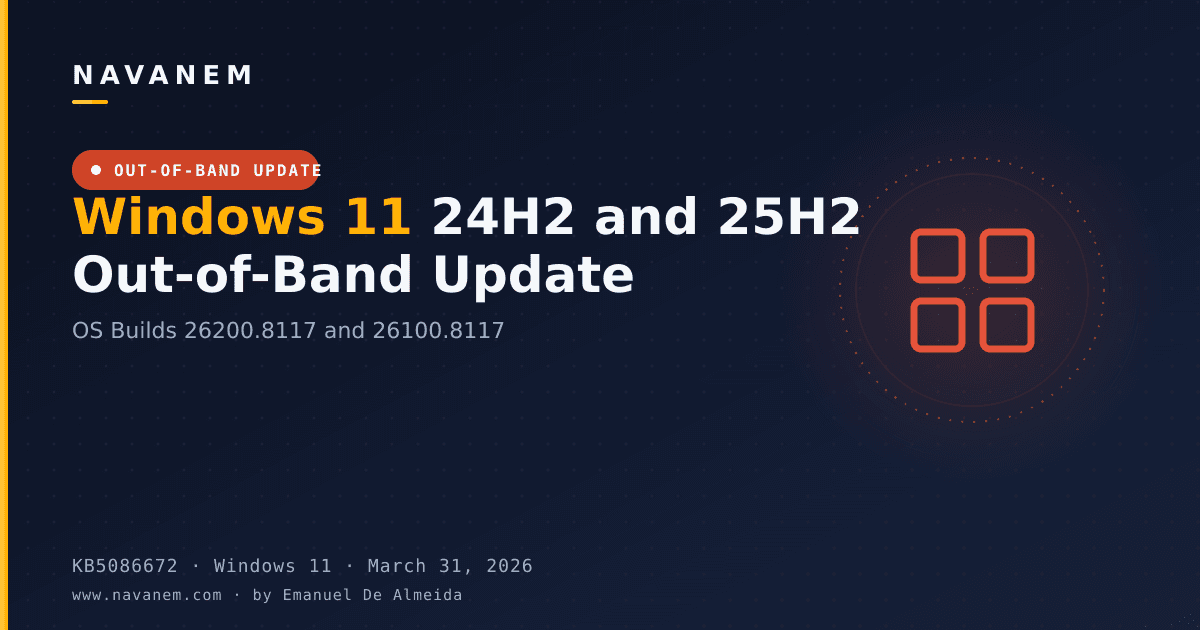 KB5086672: Windows 11 24H2 and 25H2 Out-of-Band Update (OS Builds 26200.8117 and 26100.8117) — navanem Microsoft KB cover