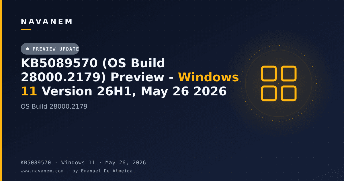 KB5089570: KB5089570 (OS Build 28000.2179) Preview - Windows 11 Version 26H1, May 26 2026 — navanem Microsoft KB cover