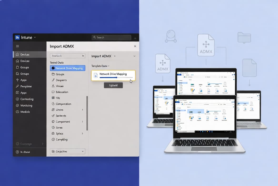 Intune admin themed image showing custom ADMX-based configuration profiles creating mapped network drives via Group Policy-like settings