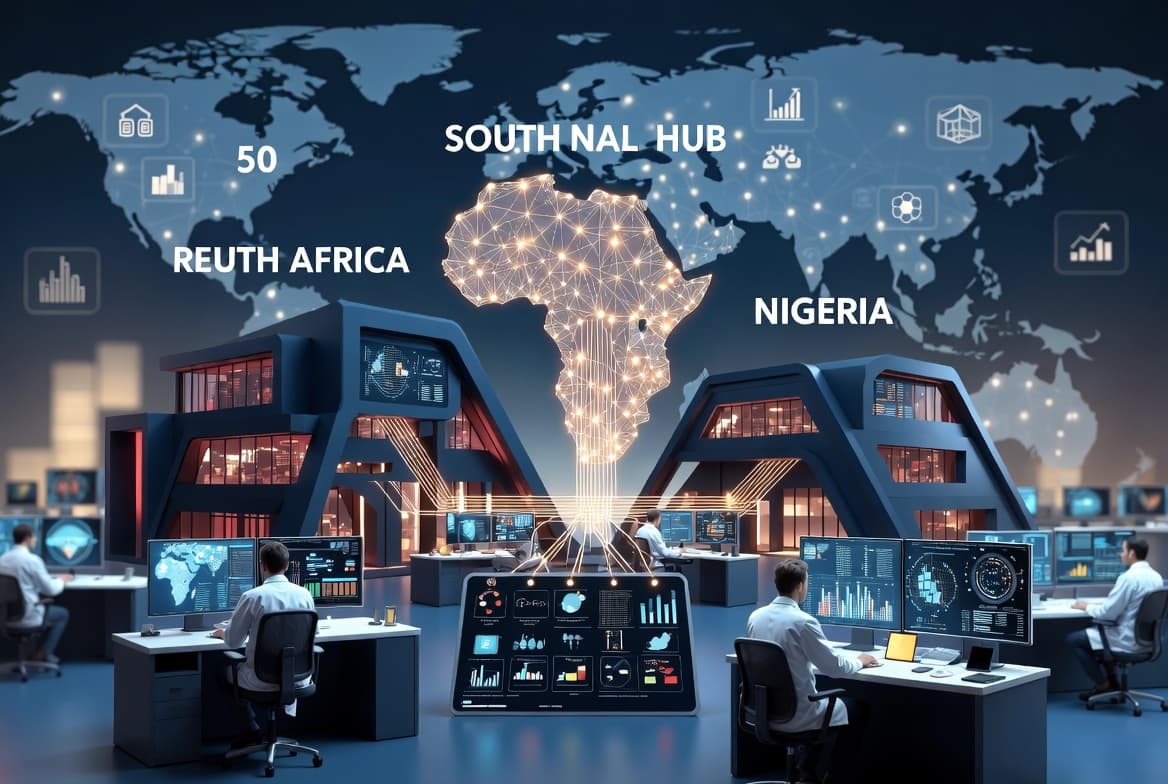 Illustration of Mastercard’s pan-African cybersecurity hub linking South Africa and Nigeria to 50 organizations with threat intelligence.