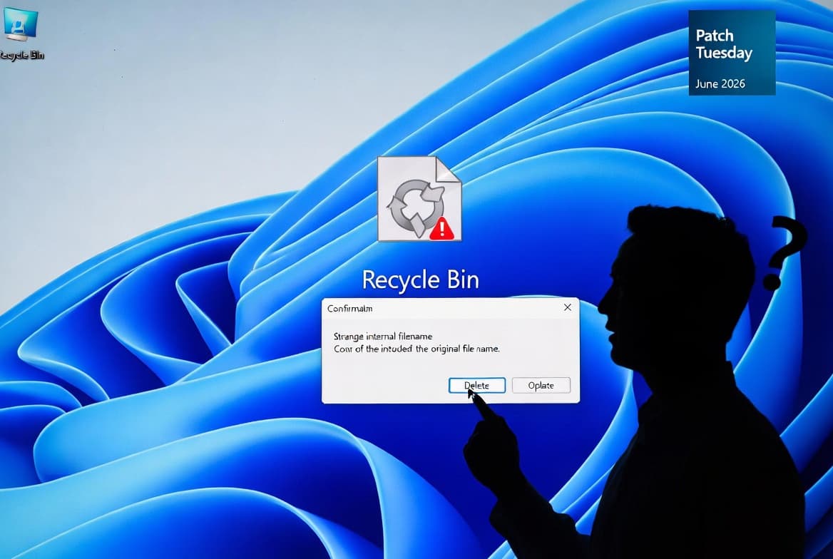 Windows troubleshooting themed image showing a user confused by garbled file names in the Recycle Bin delete dialog after installing the June 2026 Patch Tuesday update