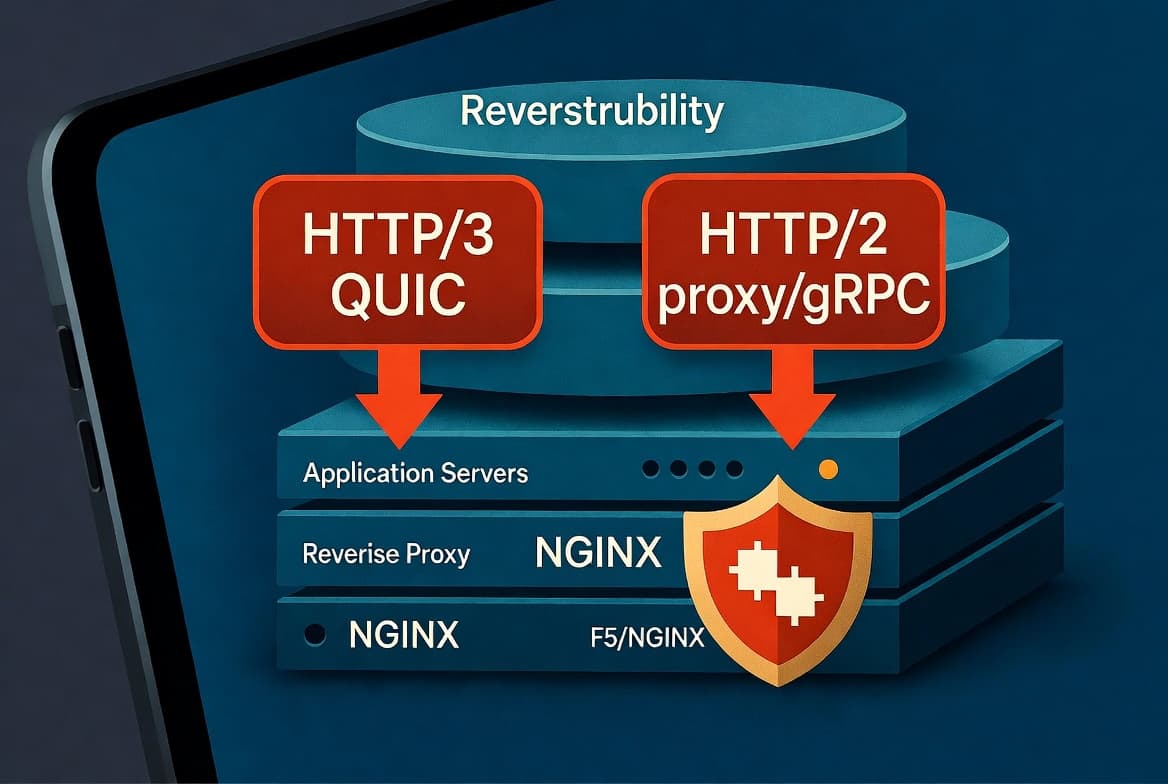 Web security themed image showing NGINX servers receiving F5 critical security updates for CVE-2026-42530 and CVE-2026-42055