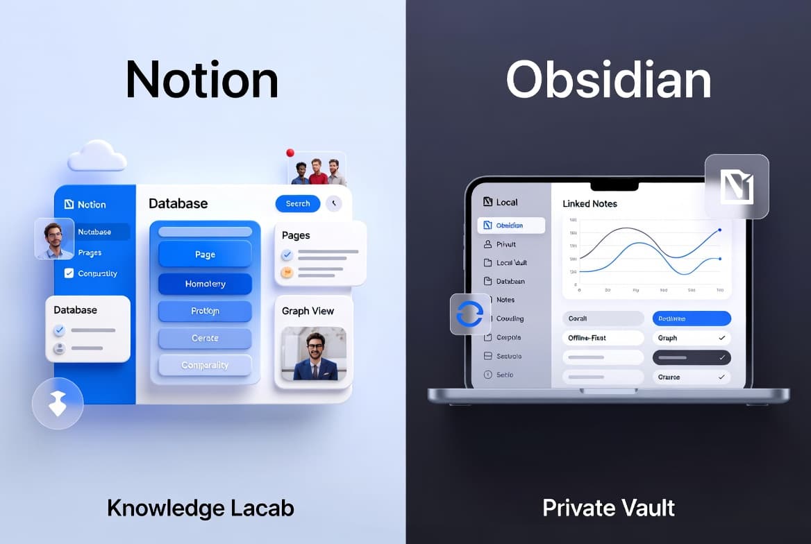 Illustration comparing Notion as a collaborative cloud workspace and Obsidian as a local offline knowledge base with linked notes.