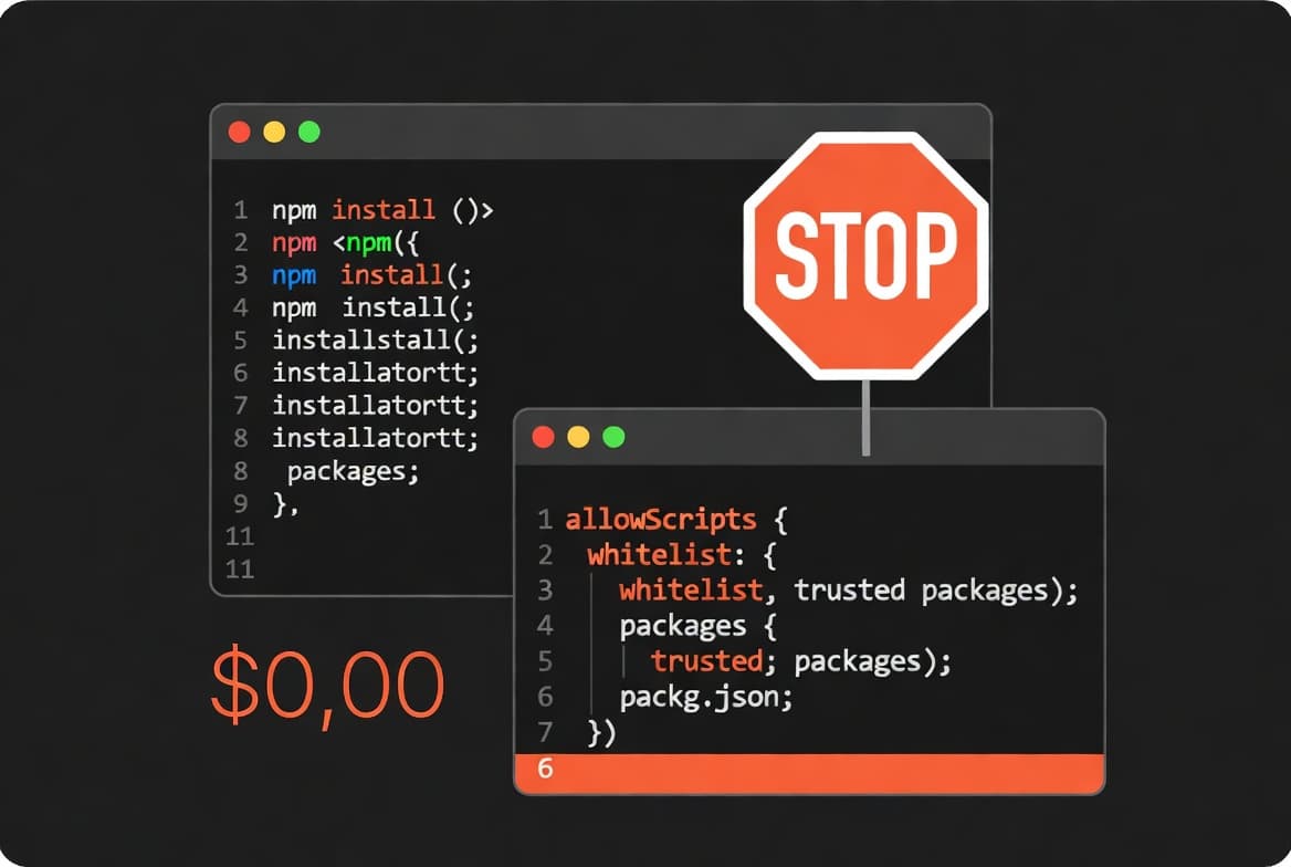 Visualization of a JavaScript project where npm v12 prevents automatic execution of dependency lifecycle scripts and Git or remote URL dependencies unless developers opt in using npm approve-scripts and an allowScripts whitelist