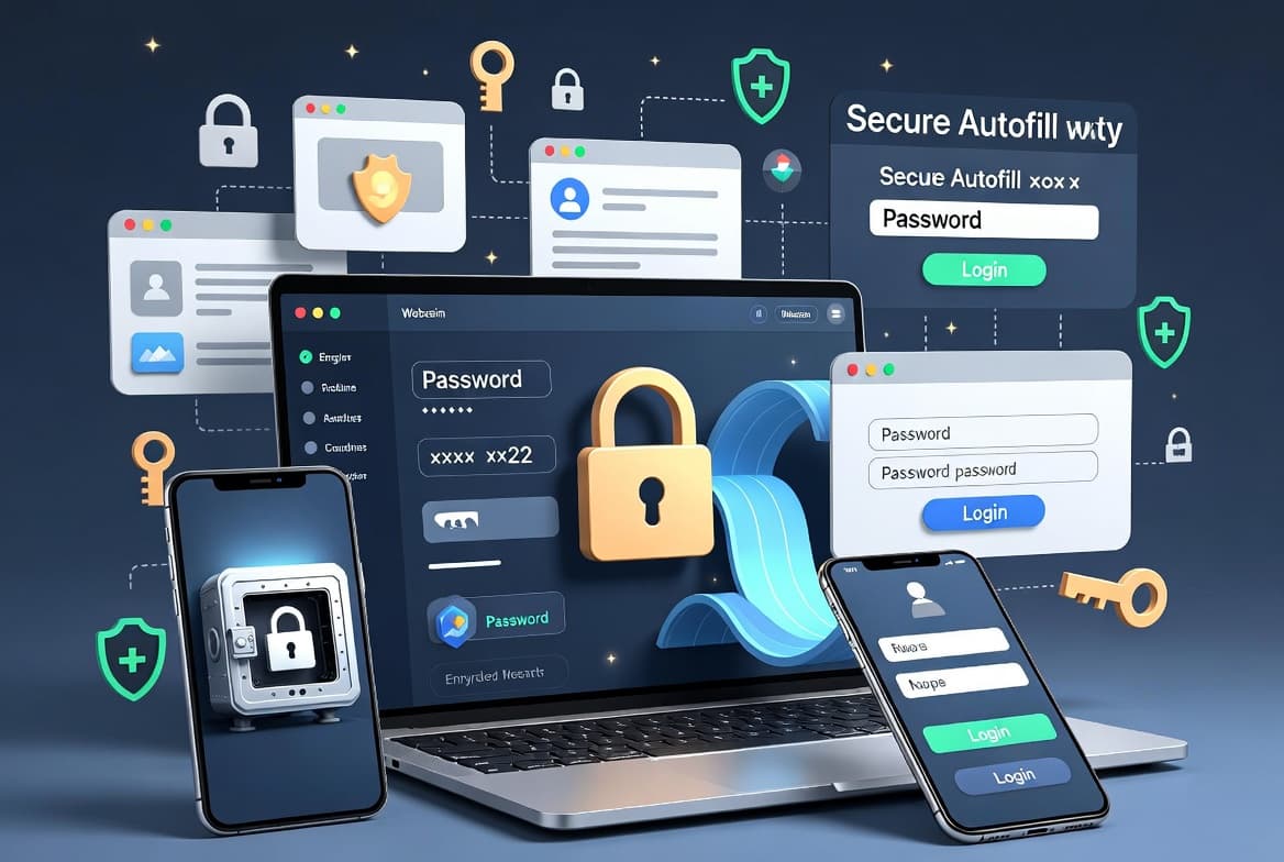 Illustration of a password manager securely storing, encrypting, and autofilling unique credentials.