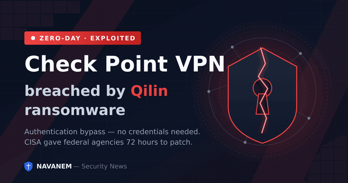 Cracked Check Point VPN shield with keyhole - Qilin ransomware zero-day cover art