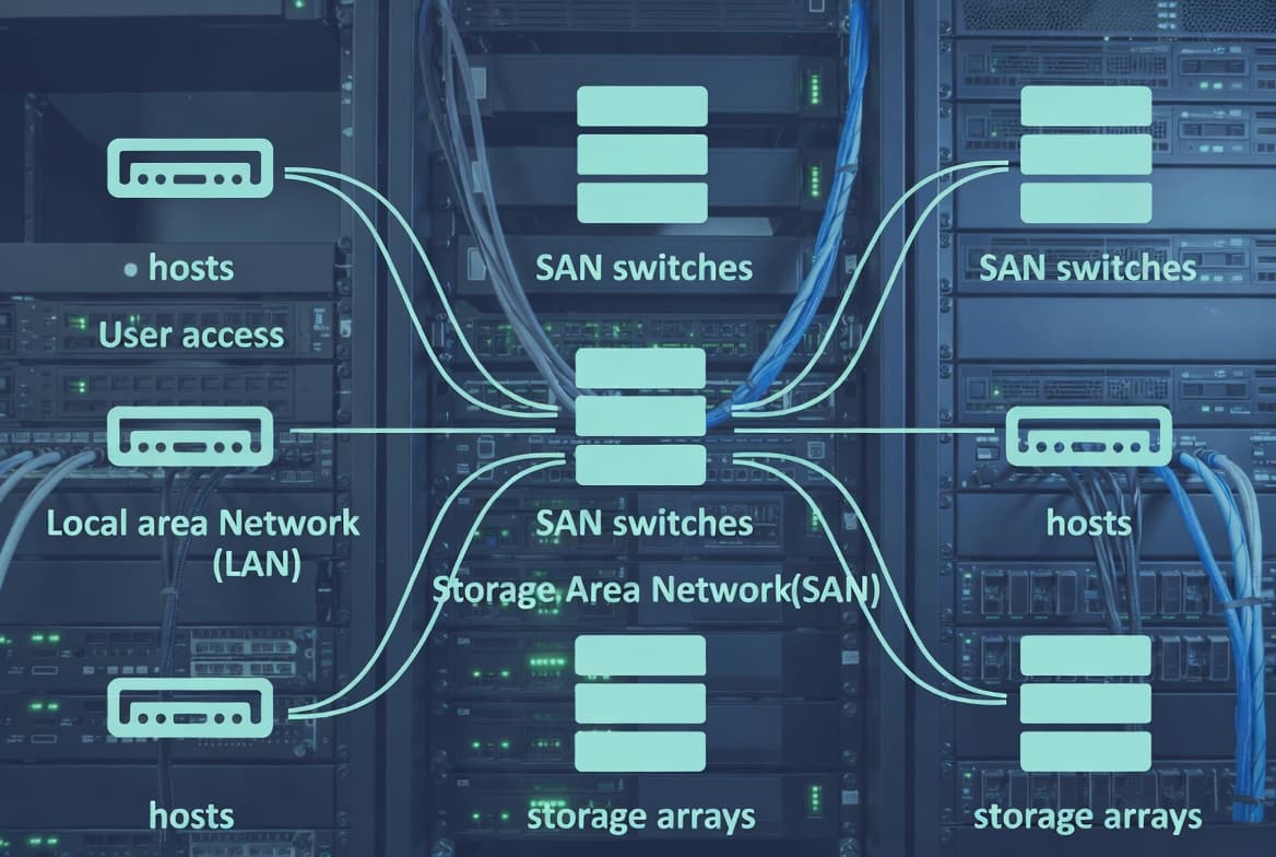 Illustration of a storage area network showing servers connected over a dedicated SAN fabric to shared storage arrays